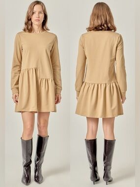 English Factory Knit Unbalanced Seam Dress in Tan size XS